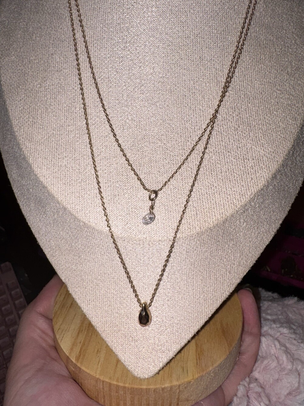 Antiqued Gold-Tone Layered Necklace Clear Crystal Teardrop Pendants